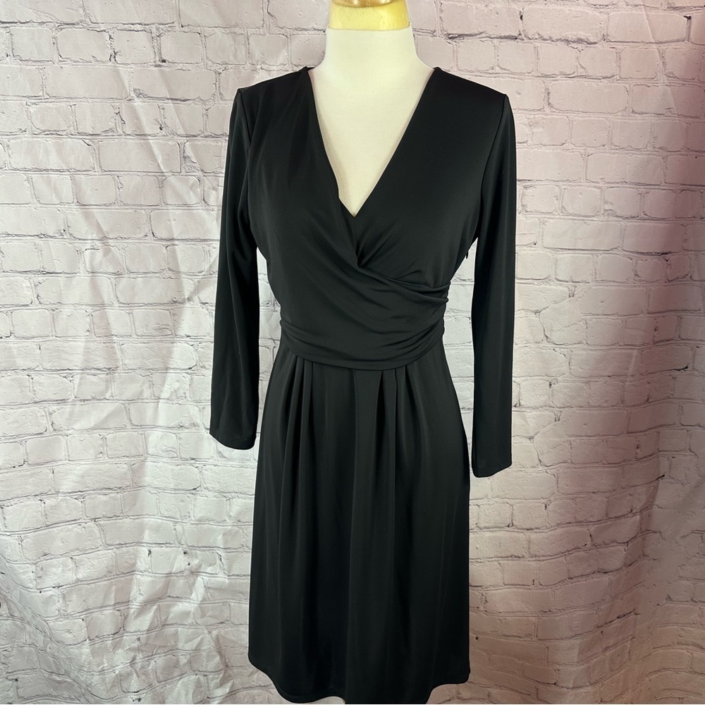 ann taylor wrap bodice vneck Black Ruched Long Sleeve Cocktail Dress sz 8